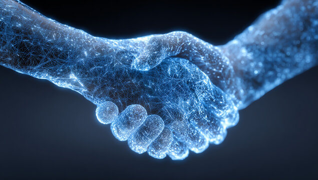 Closeup of a digital handshake with glowing blue particles on dark background