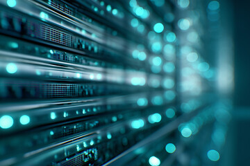Teal-lit data center server racks in close-up with glowing status LEDs and blurred bokeh, representing modern network infrastructure