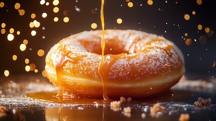Closeup of a delicious donut with caramel glaze and sugar powder, illuminated by bokeh lights in background