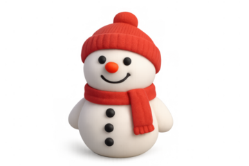 Snowman character wearing a warm red hat and scarf, smiling and standing isolated on transparent background, winter holiday season symbol