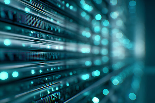 Teal-lit data center server racks in close-up with glowing status LEDs and blurred bokeh, representing modern network infrastructure