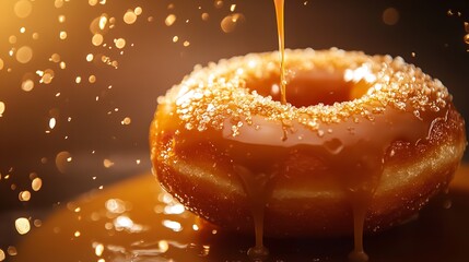 Closeup of a delicious donut with caramel glaze and sugar powder, illuminated by bokeh lights in background