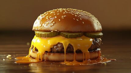 Delicious cheeseburger with melted cheese and pickles on a sesame seed bun, a tasty and satisfying meal