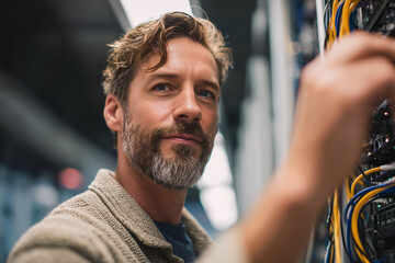 Confident IT technician adjusting network cables in a modern data center rack, focused professional maintaining servers and connectivity