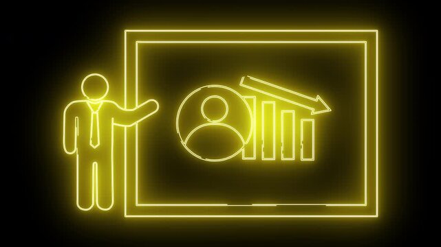 Yellow neon art presenter beside board with graph person icon and decreasing arrow