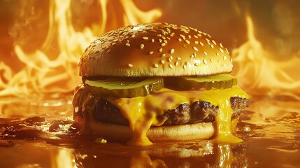 Fiery cheeseburger with melted cheese and pickles on a sesame seed bun, a spicy and flavorful treat