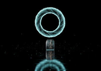 Abstract Torus Above a Cube on a Reflective Surface