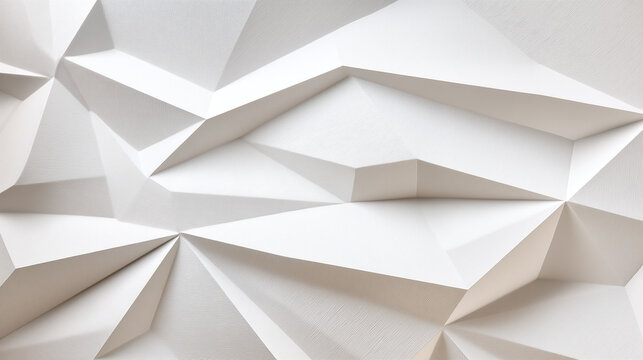 Dynamic folded gypsum wall with angular sculptural pattern, white geometric texture, modern interior design, abstract relief surface, contemporary architectural element