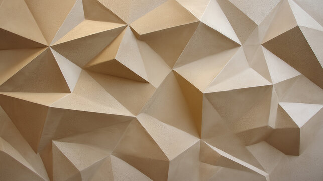 Dynamic folded gypsum wall with angular sculptural pattern, beige color, modern interior design, geometric texture, abstract architectural element, creative and stylish surface