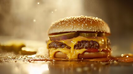 Delicious double cheeseburger with melted cheese, pickles, and sesame seed bun on a reflective surface