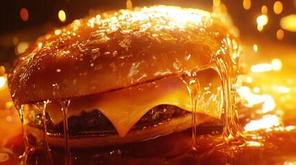 Gourmet cheeseburger with melted cheese and dripping sauce on a bun, illuminated by golden light