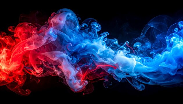 A vibrant, flowing abstract of crimson and azure smoke plumes against a stark black backdrop. The contrast highlights detail - Powered by Adobe