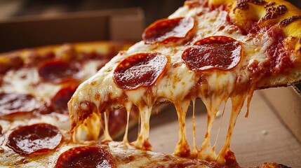 Close up of a slice of pepperoni pizza being lifted from the box with cheese dripping down in a restaurant