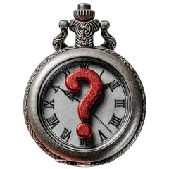Antique pocket watch with large red question mark on face isolated on a transparent background
