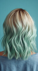 Naklejka premium Woman with shoulder-length wavy blonde and mint green hair