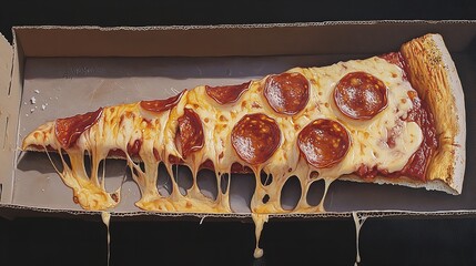 A single slice of pepperoni pizza with dripping cheese in a cardboard box is mouthwatering