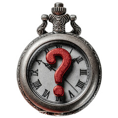 Antique pocket watch with large red question mark on face isolated on a transparent background