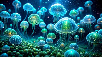 Luminous jellyfish float in deep ocean bioluminescent marine life ethereal underwater scene for backgrounds and wallpapers