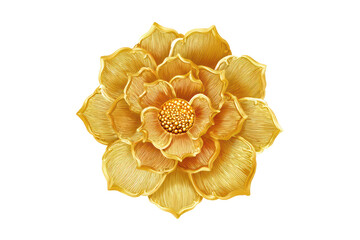 Elegant Golden Flower Brooch with Detailed Petals and Center on Transparent Background