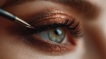 Close-up shot of a professional makeup artist applying mascara to a client, highlighting detailed eye makeup, beauty care, and cosmetic application in a clean, well-lit setting.
