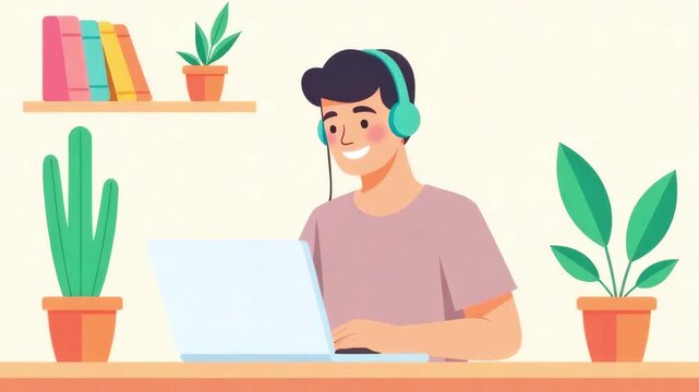 Smiling freelancer guy with headphones working on a laptop in a home environment with a modern interior, online work concept, call center, student, cartoon vector style
