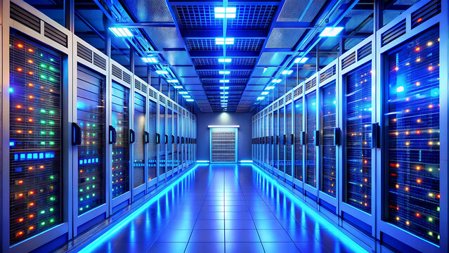 Data center with rows of server racks illuminated by blue lights for cloud computing and information technology - Powered by Adobe