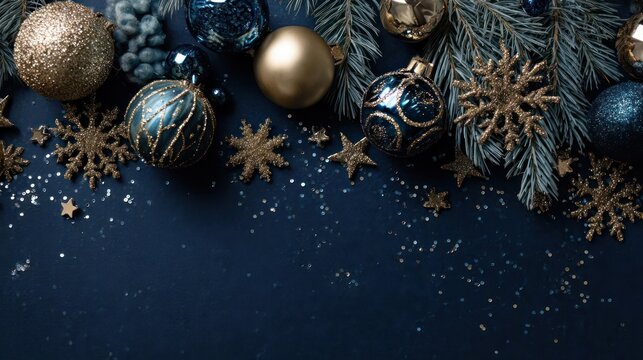 Festive dark blue background with golden and blue christmas ornaments and fir branches scattered with glitter