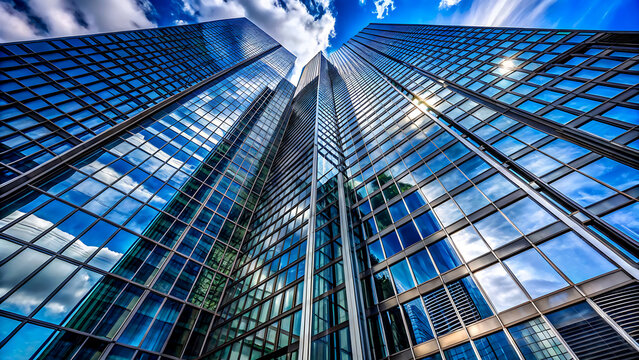 Modern glass skyscrapers reflecting the sky a low angle view of urban architecture perfect for business and finance themes