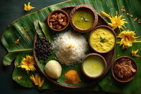 Delicious indian onam sadhya festival meal served on banana leaf with various curries and side dishes for a celebratory lunch