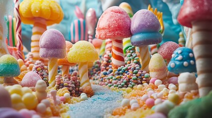 A whimsical candy land with colorful mushrooms and lollipop trees in a sweet fantasy world