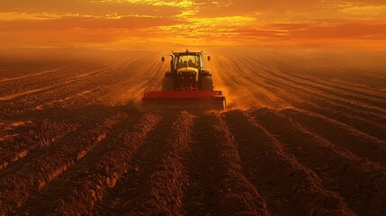Fototapeta premium Farmer driving tractor on field during golden hour