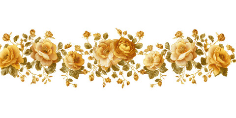 Golden Yellow Rose Floral Border with Leaves on Transparent Background