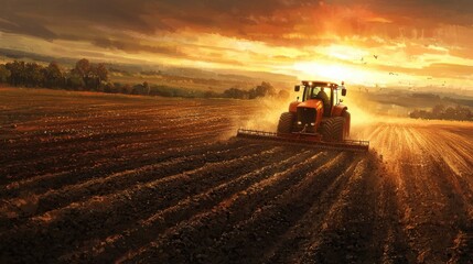 Obraz premium Agricultural tractor working on rural field at sunrise