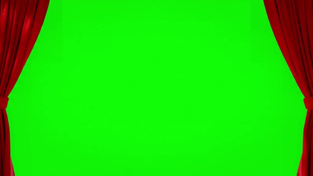 Green Screen a realistic red fabric curtain with pleats opens on theater 4k 3d animation scene 1 distortion, overlay, glitch, static noise, scan lines black background, animated video loop