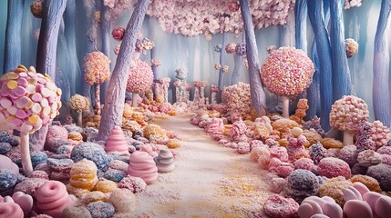 Dreamy candy forest with lollipop trees and marshmallow bushes creating a magical and sugary landscape