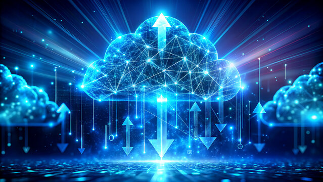 Digital cloud computing concept with glowing nodes and data transfer abstract technology illustration for network and storage solutions