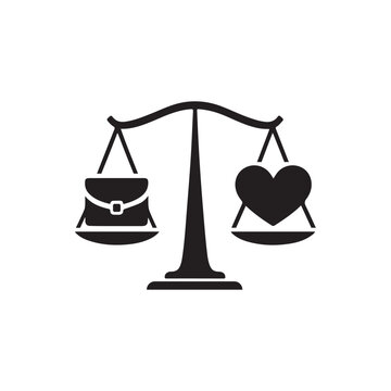 A minimalistic vector icon showing a balanced scale with a briefcase on one side and a heart on the other, symbolizing work-life balance.