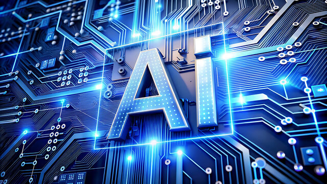 Artificial intelligence concept with AI letters on a circuit board futuristic technology and neural network connections - Powered by Adobe