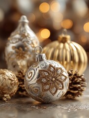 Elegant Christmas ornaments in gold and silver with intricate details create a luxurious holiday scene. Festive pinecones, sparkling textures, and warm bokeh lights bring cozy Christmas magic to life.