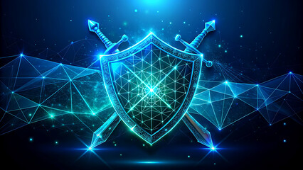 Cybersecurity shield with crossed swords digital protection concept abstract vector illustration for network security
