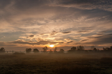 Wschód słonca z sylwetkami drzew w oddali, sezon jesienny. © Elżbieta Kaps