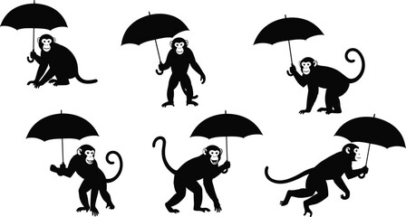 Playful monkey silhouettes holding umbrellas in various poses, whimsical animal illustration, creative vector design, fun cartoon style, black silhouette  © MDHabibullah