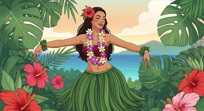 Hula Dancer in Tropical Paradise - A Vibrant Illustration.