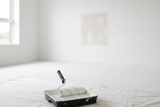 Minimalist interior room being painted white with paint roller and tray on protective sheet, bright natural light from window, fresh renovation scene representing home improvement, remodeling