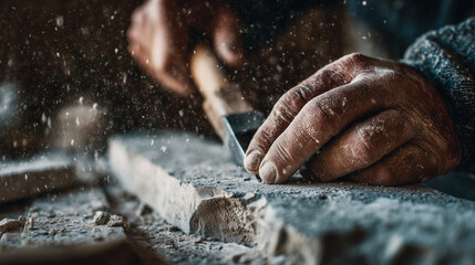 Close-up of a craftsman’s hands carving stone with precision, showing texture, dust, and skilled manual artistry in a detailed workshop scene.