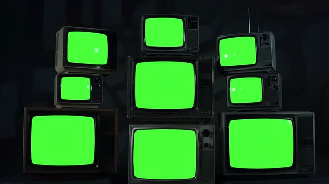 Green Screen stacked retro tvs turning on screens blue dark tone you can replace with the footage or picture want lkeyingr effect in ae check out tutorials internet scene 1 distortion, overlay
