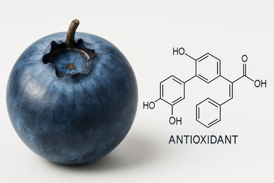 Antioxidant fruit slow aging minimal food blueberry with chemical structure concept on white background conveying simple natural wellness and anti aging idea