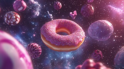 A pink donut floating in a cosmic space filled with colorful candies and planets of sweets