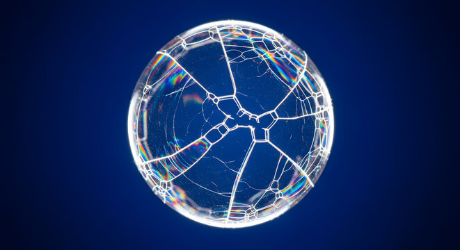 Macro shot of a cracked soap bubble with iridescent colors on a dark blue background close up photography