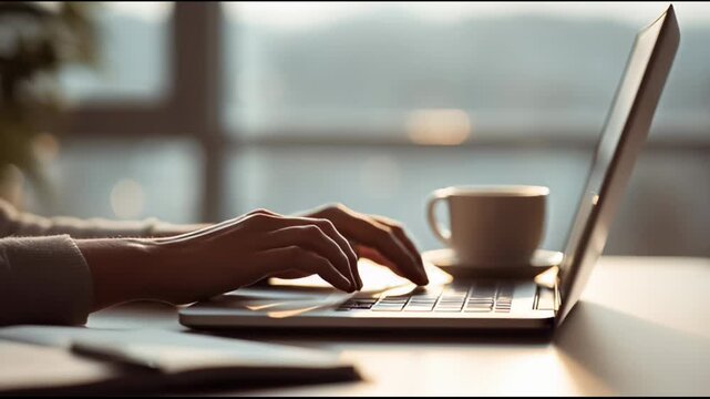 Focused entrepreneur typing on a laptop, coffee cup beside, work from home, remote job, freelance, career, office, technology, communication
